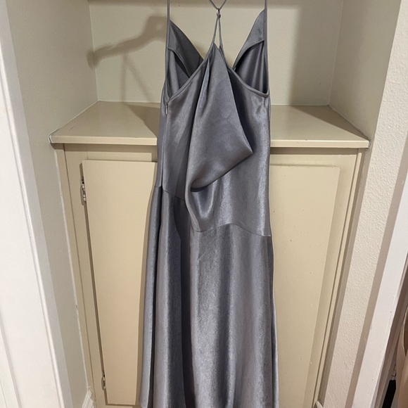 HALSTON. Silver bias cut drop neckline open back dress! Hi Lo MIDI - Picture 8 of 13